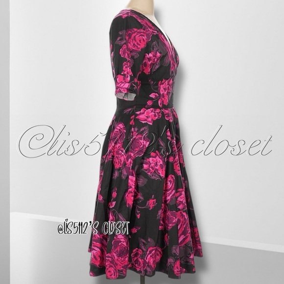 Unique Vintage Black & Pink Rose Floral Delores 1950’s Swing Dress Sz Large // L - Picture 5 of 15